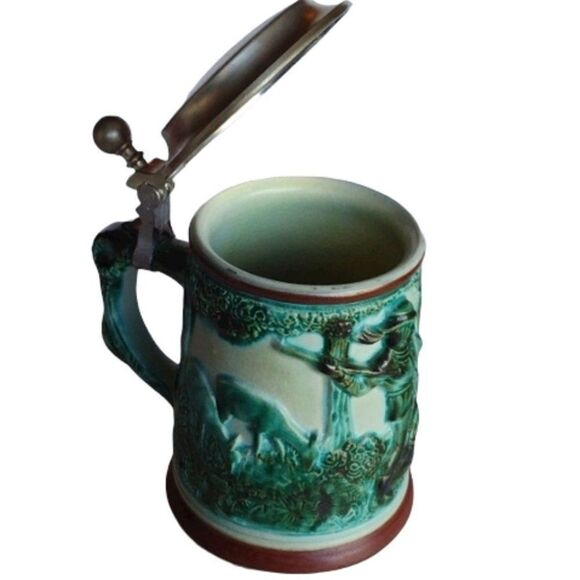 Vintage German Beer Stein Blue Green Glaze Hunter after Deer Hinged Pewter Lid - Picture 5 of 9